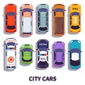 Car top view. City vehicle transport. Automobile cars for transportation, from above auto car vector isolated icons