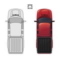 Car top view sketch contour shape and red pickup , for parking scheme or architecture presentation , actual proportion size. Blac Royalty Free Stock Photo