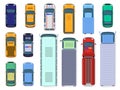 Car top view. Street vehicle engine roof viewing, traffic cars, city bus, ambulance and truck, public and civil