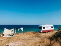 car tourist camping tent Black Sea coast beach van conversion. Camper Holidays travel Royalty Free Stock Photo