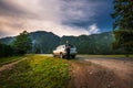 Car with a tourist on the road. The Altai Mountains, Southern Si Royalty Free Stock Photo