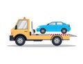 Car tow truck accident roadside assistance. Crash breakdown flatbed blue car recovery tow truck