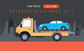 Car tow truck accident roadside assistance. Crash breakdown flatbed blue car recovery tow truck