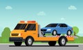 Car tow truck accident roadside assistance. Crash breakdown flatbed blue car recovery tow truck