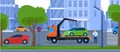 Car tow truck repair service vector illustration, cartoon flat towtruck carrier with crane assists with car breakdown Royalty Free Stock Photo