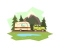 Car Towing Caravan Trailer Against Mountain Landscape Vector illustration Royalty Free Stock Photo