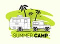 Car towing caravan trailer or travel camper against palm trees on background and Summer Trip lettering. Recreational