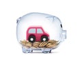 Car toy on coins inside transparent piggy bank Royalty Free Stock Photo