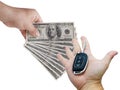 Car trading concept. Male hands buying and selling money dollar bills key car isolated Royalty Free Stock Photo