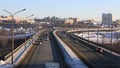 Car traffic on bridge. Winter city Omsk. Timelapse