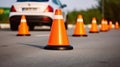 Car and traffic cones, driving school concept, Generative AI Royalty Free Stock Photo