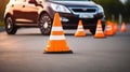 Car and traffic cones, driving school concept, Generative AI Royalty Free Stock Photo