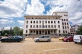 Car traffic in front of the building of the Bulgarian National Bank on a sunny day