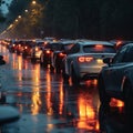 Car traffic jam, road congestion, rain and bad weather