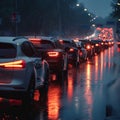 Car traffic jam, road congestion, rain and bad weather