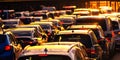 Car traffic jam at sunset selective focus. Royalty Free Stock Photo