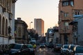 Car traffic on the main boulevard in Bucharest downtown. Winter morning/evening rush hour in Bucharest, Romania, 2020