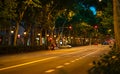 Car traffic at night on main street in Barcelona, Catalonia, Spain, 2020