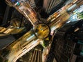 Car traffic on road junction intersection in Hong Kong city downtown at night. Drone aerial top view Royalty Free Stock Photo