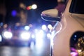 Car, traffic and road at night with bokeh for transportation, asphalt and lights in an urban town. City street, taxi and Royalty Free Stock Photo