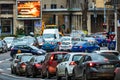 Car traffic at rush hour in downtown area of the city. Car pollution, traffic jam in the morning and evening in the capital city Royalty Free Stock Photo