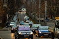 Car traffic at rush hour in downtown area of the city. Car pollution, traffic jam in the morning and evening in the capital city Royalty Free Stock Photo