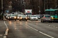 Car traffic at rush hour in downtown area of the city. Car pollution, traffic jam in the morning and evening in the capital city Royalty Free Stock Photo