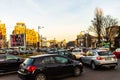 Car traffic at rush hour in downtown area of the city. Car pollution, traffic jam in the morning and evening in the capital city Royalty Free Stock Photo