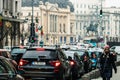 Car traffic at rush hour in downtown area of the city. Car pollution, traffic jam in the morning and evening in the capital city Royalty Free Stock Photo