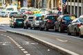 Car traffic at rush hour in downtown area of the city. Car pollution, traffic jam in the morning and evening in the capital city Royalty Free Stock Photo