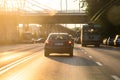 Car traffic at rush hour in downtown area. Traffic jam, cars on the road at sunset in Bucharest, Romania, 2020 Royalty Free Stock Photo