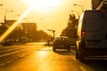 Car traffic at rush hour in downtown area. Traffic jam, cars on the road at sunset in Bucharest, Romania, 2020 Royalty Free Stock Photo