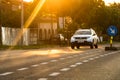 Car traffic at rush hour in downtown area. Traffic jam, cars on the road at sunset in Bucharest, Romania, 2020 Royalty Free Stock Photo