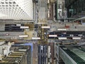 Car traffic transport on road in Mong Kok town district, Hong Kong city downtown cityscape. Drone aerial top view