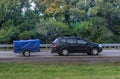 car with the trailer goes on highway Royalty Free Stock Photo