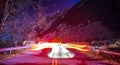 Car trails on road at night in sierra mountains california Royalty Free Stock Photo