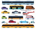 Car transport set. Vehicles city transportation. Cars trucks scooters motorcycle bus. Side view auto isolated vector set