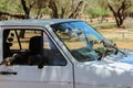 Two curious hornbills sitting on a white car in an african camp