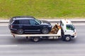 Car is transported on an evacuation tow truck on the highway Royalty Free Stock Photo