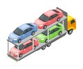 Car Transporter Truck with Autos for Retail Sales Isometric Vector Illustration