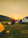 car travel concept camping place near mountains river Royalty Free Stock Photo