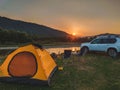 car travel concept camping place near mountains river Royalty Free Stock Photo