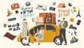 Car Travel Concept. Friends Company with Camping Stuff and Luggage Traveling by Automobile.Characters Enjoy Auto Tourism