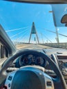 car travel driving car by Budapest modern bridge