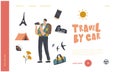 Car Travel, Journey Abroad Landing Page Template. Tourist Making Picture on Photo Camera. Male Character Traveling