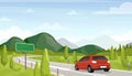 Car travel, road trip flat vector illustration. Minivan on highway and empty, blank traffic sign. Scenic landscape Royalty Free Stock Photo
