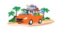 Car travel, road trip on summer vacation. People driving van, caravan in holiday adventure. Friends surfers with luggage