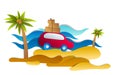 Car travel and tourism, red minivan with luggage riding sea shore with waves, paper cut vector illustration of auto in scenic