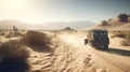 Car traveling through the desert dusty road under the sun