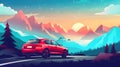 car for traveling with a pine forest and mountain views, generative Ai Royalty Free Stock Photo